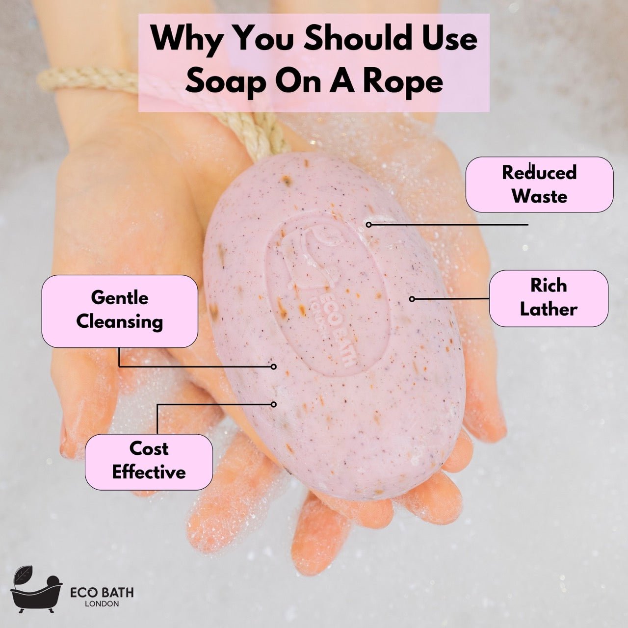 Eco Bath London Rose Soap on a Rope 220g - Luxurious and Eco Friendly Body Wash Bar with Shea Butter