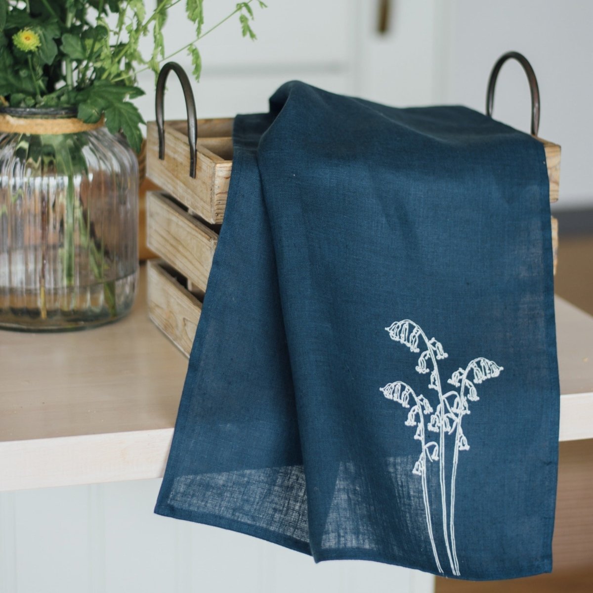 Navy Linen Tea Towel With White Bluebells