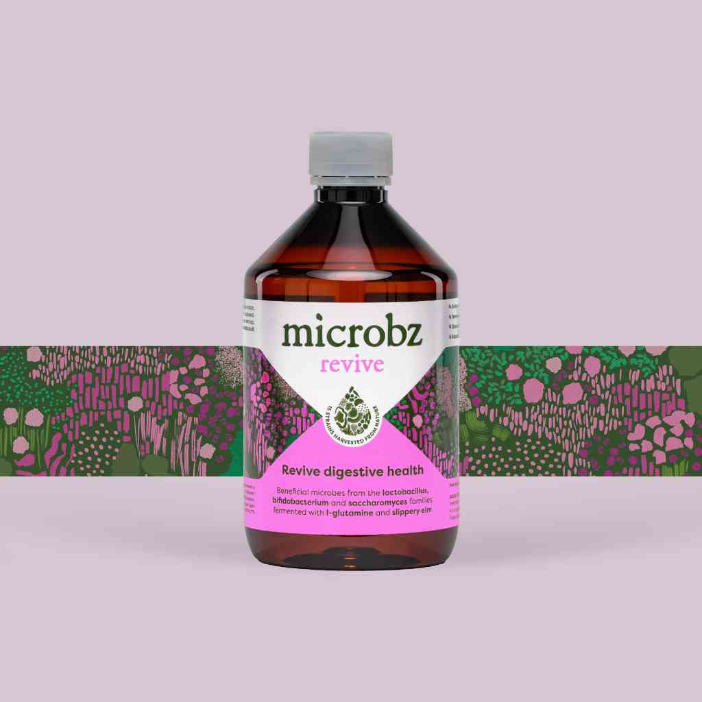 Bottle of microbz revive with an illustrative strip 