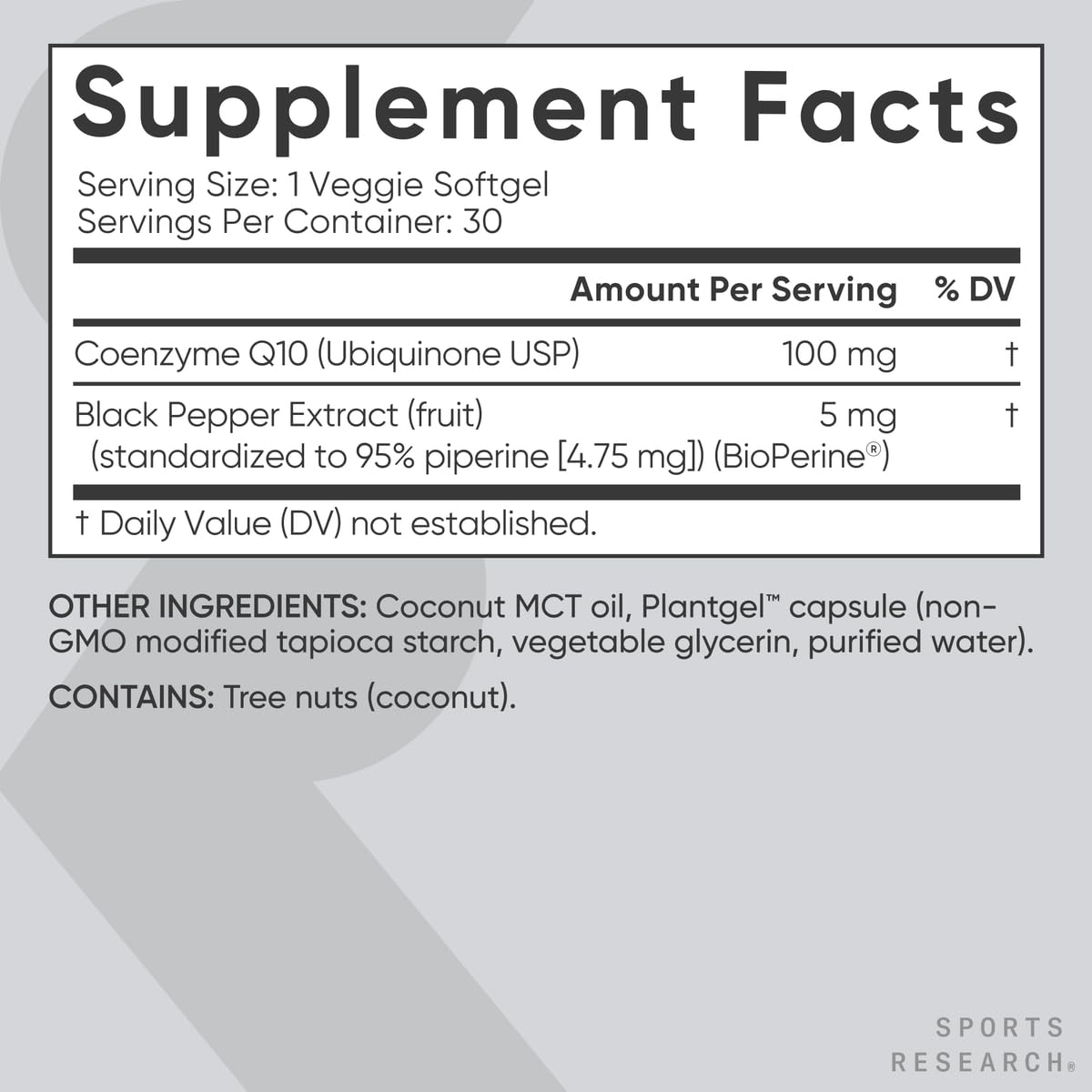 Sports Research CoQ10 100mg with Coconut Oil & Bioperine – Vegan, Non-GMO (30 Veggie Softgels)