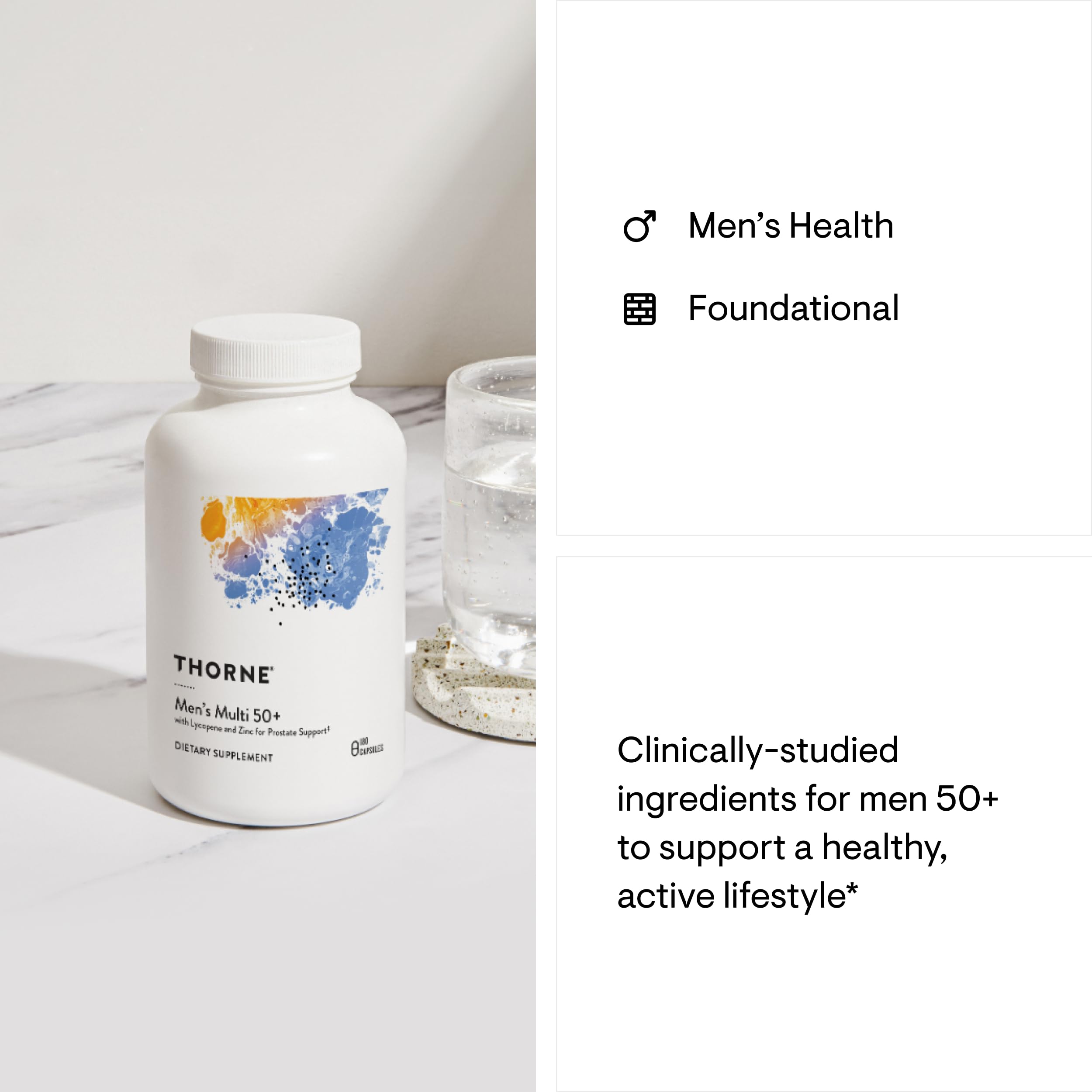 THORNE Men's Multi 50+ | Comprehensive Daily Multivitamin for Heart, Brain, Prostate & Immune Health | 180 Capsules