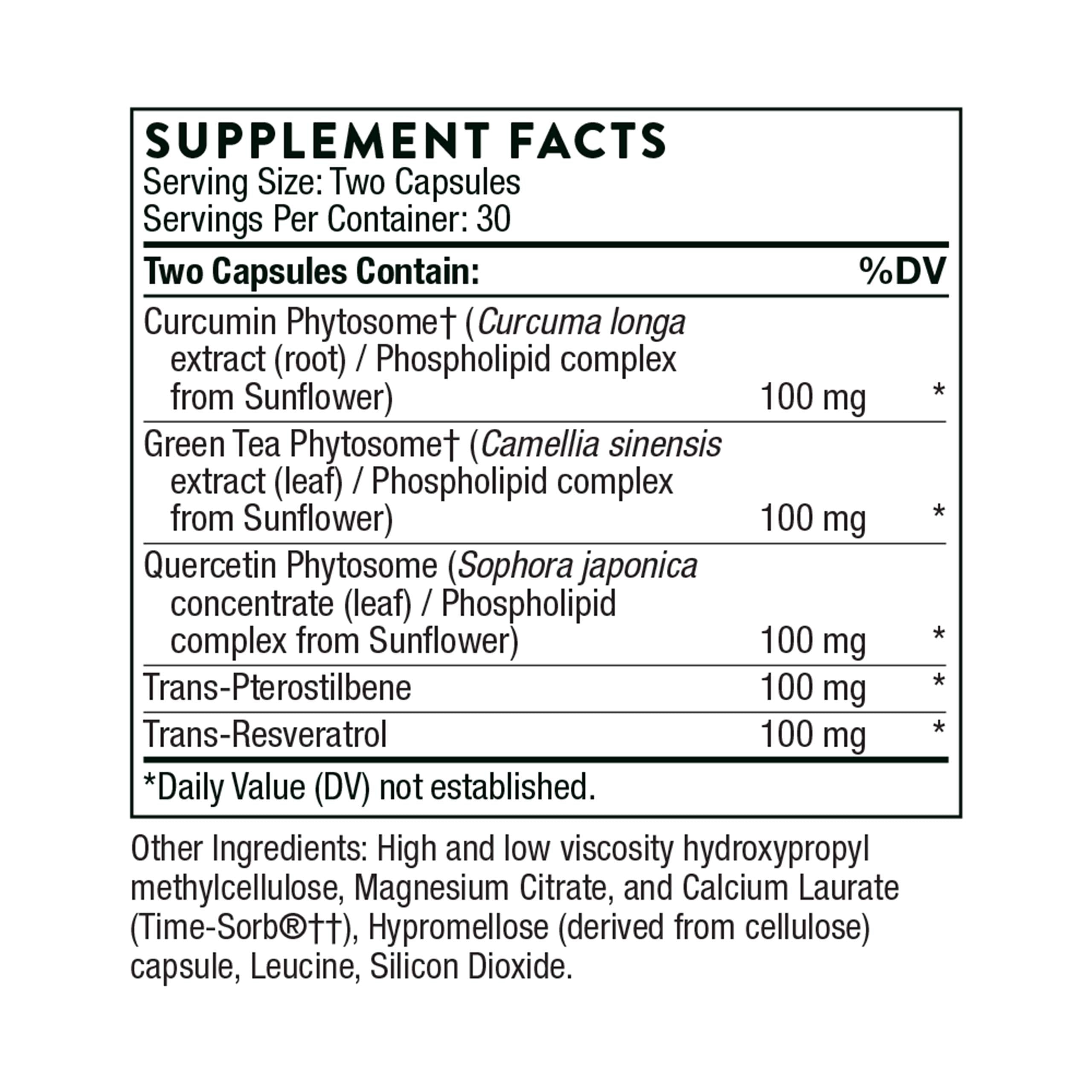 THORNE Resveratrol Complex – Trans-Resveratrol with Green Tea, Quercetin & Curcumin Phytosome (60 Caps) – Third-Party Certified