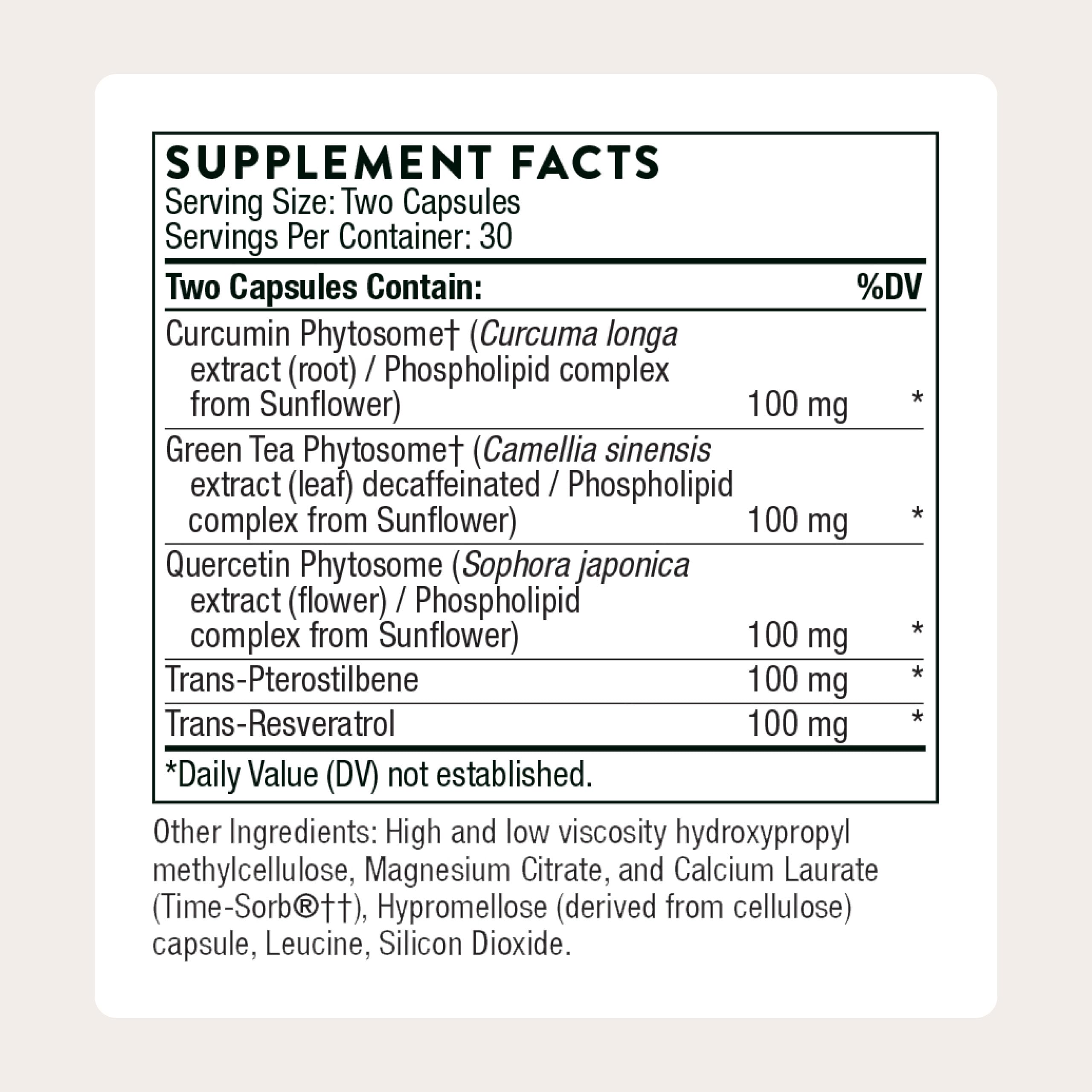 THORNE Resveratrol Complex – Trans-Resveratrol with Green Tea, Quercetin & Curcumin Phytosome (60 Caps) – Third-Party Certified