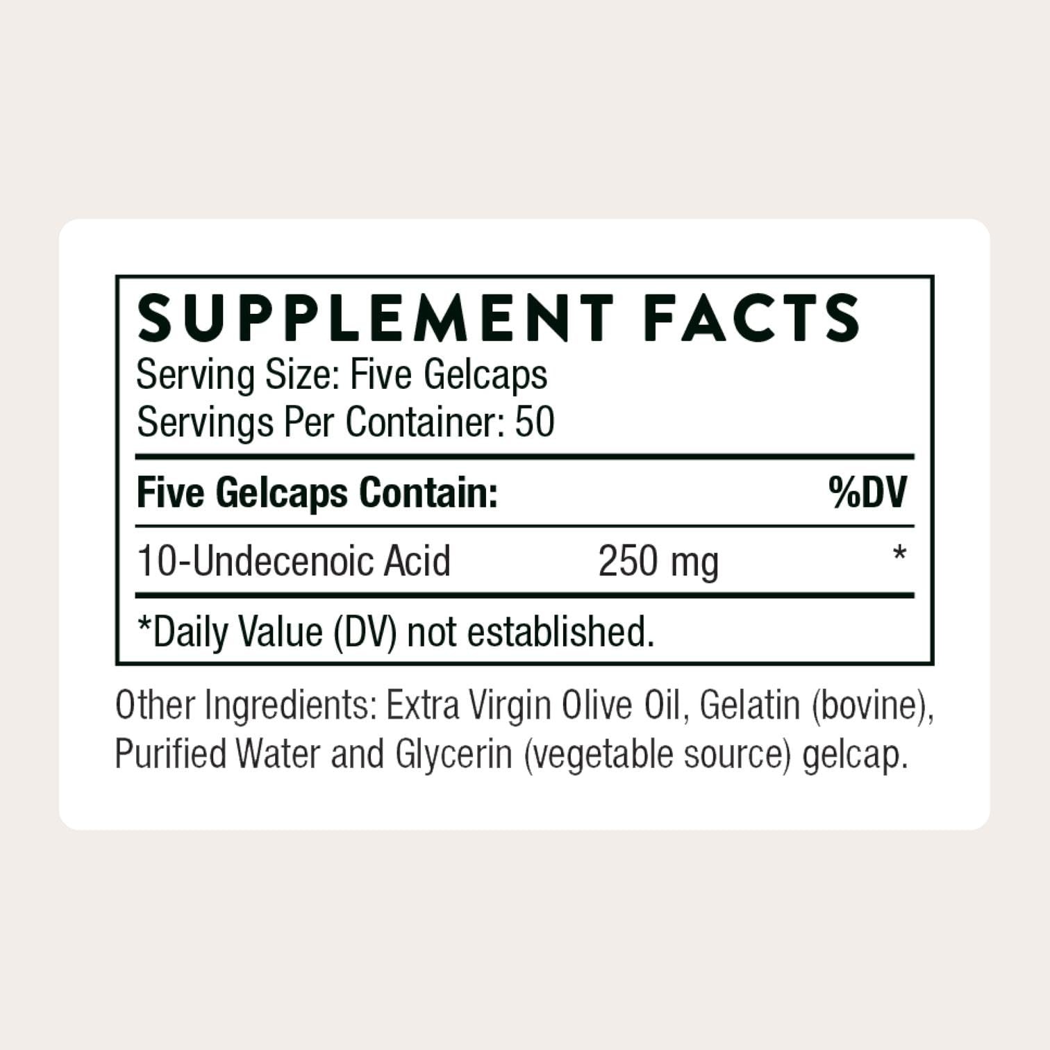 THORNE Undecylenic Acid 250 mg – Supports Gut & Vaginal Flora, Gluten Free • 250 Gelcaps, 50 Servings