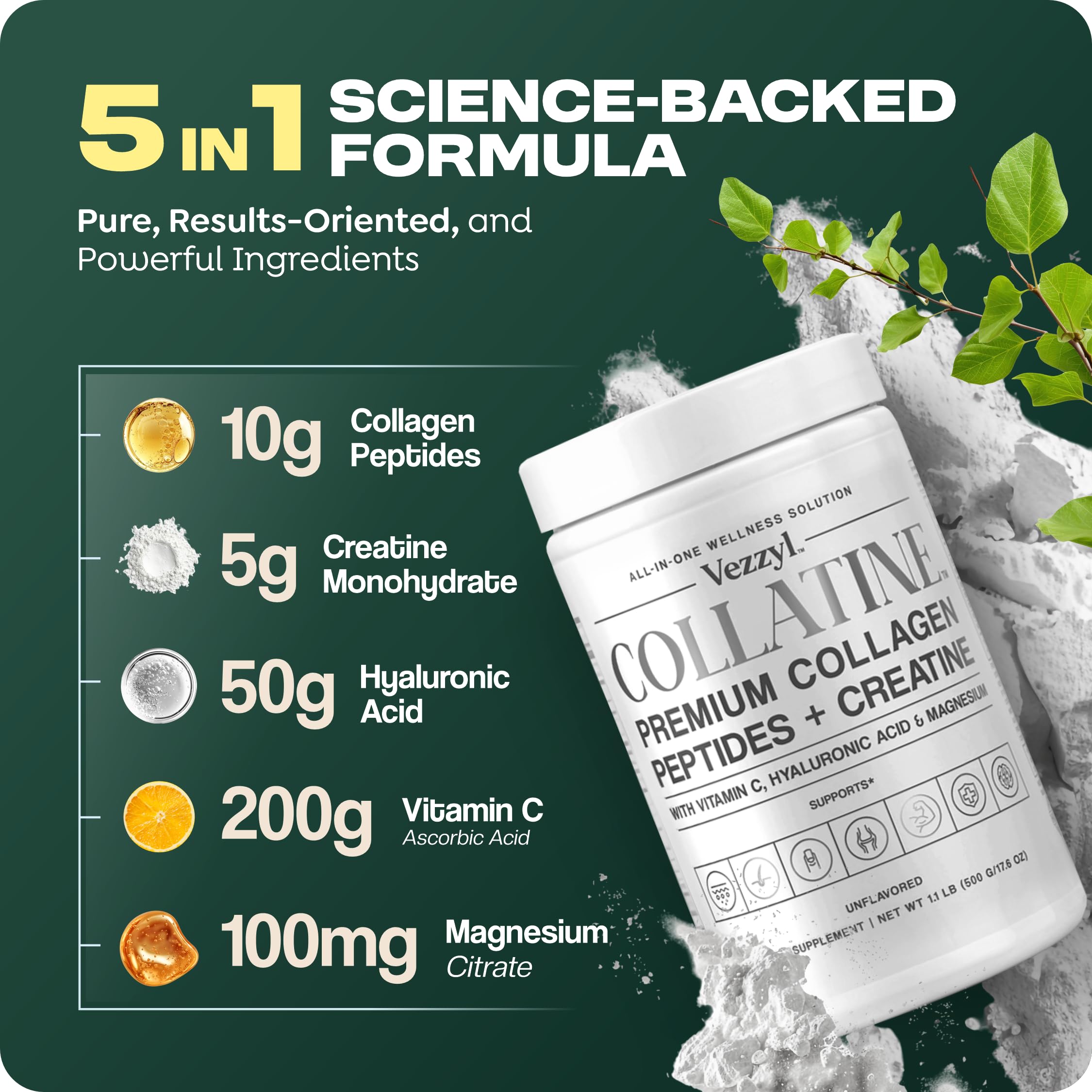 Vezzyl Collatine – Premium Collagen Peptides + Creatine + Vitamin C, HA & Magnesium