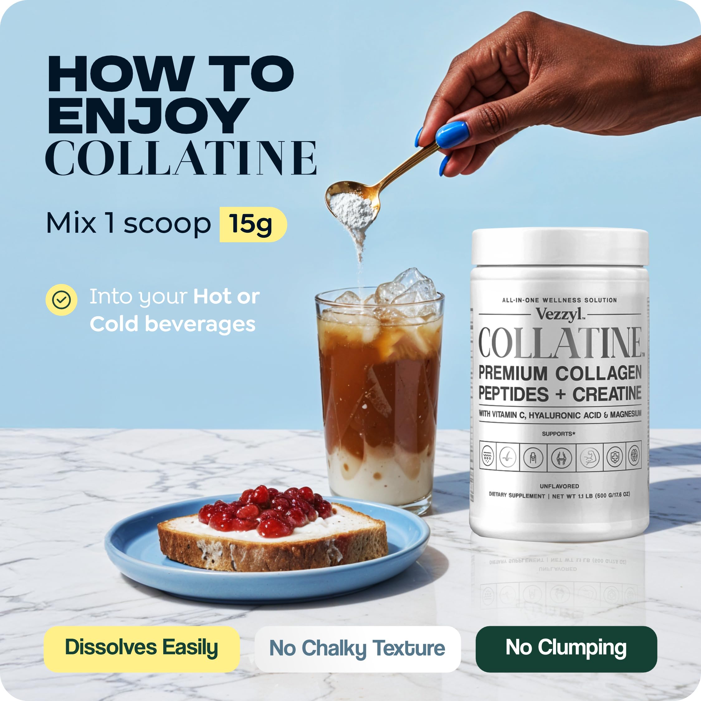 Vezzyl Collatine – Premium Collagen Peptides + Creatine + Vitamin C, HA & Magnesium